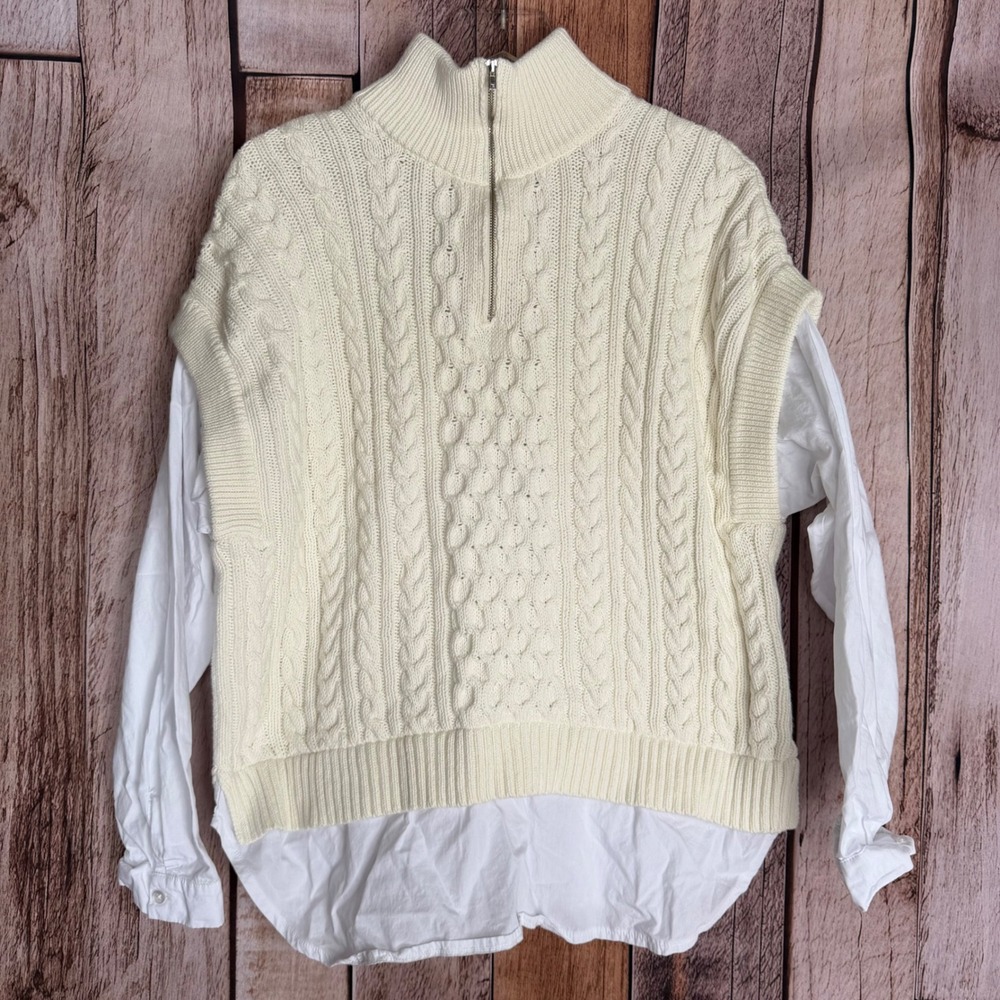 Pilcro Sweater Twofer Cable Knit Quarter Zip Preppy Coastal Grandma Size Medium